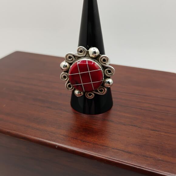 Red Jasper Inlay Sterling Silver Adjustable Ring - Picture 3 of 5